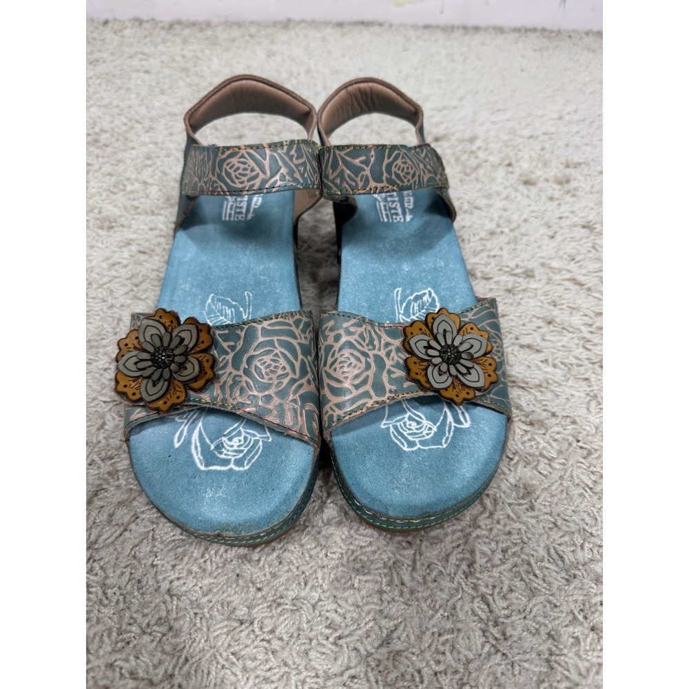 L'ARTISTE Leather Teal Floral Wedge Slingback Sandals Women's 11M Resort Wear